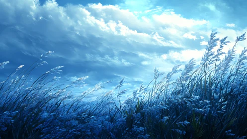 Blue twilight wind bends tall meadow grass toward horizon