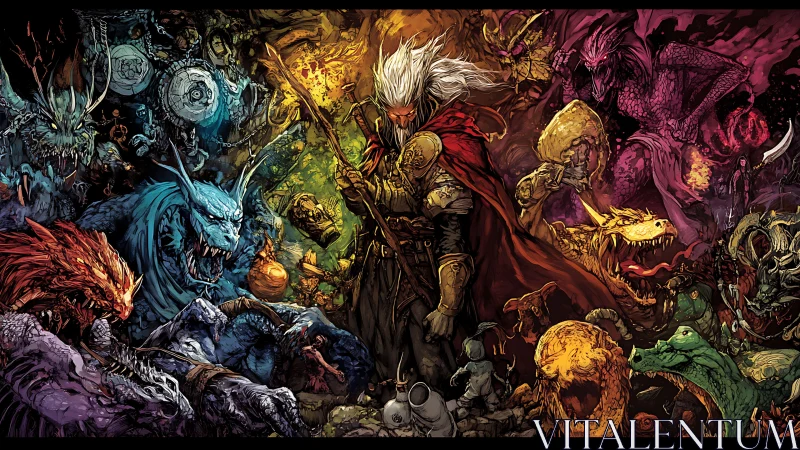 White-haired warrior confronts converging elemental monsters