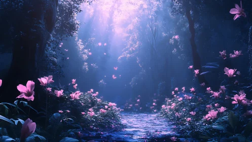 Enchanted violet forest glows with luminous pink blooms.