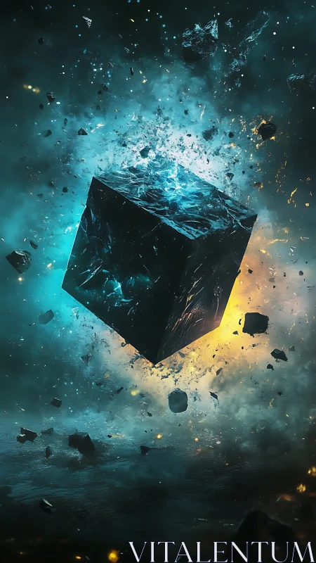 Cosmic energy cube drifting through glowing stardust.