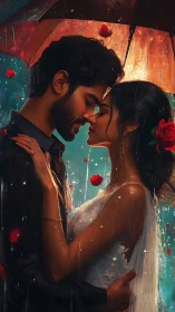 Romantic embrace beneath falling petals and golden light.