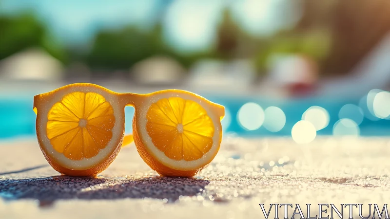 Photorealistic lemon sunglasses by poolside, shallow depth of field.