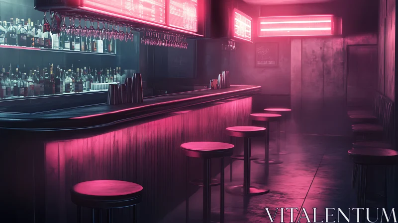 Neon soaked bar counter glows warmly in a quiet night scene