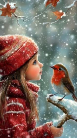 Young child in red winter clothing observing robin in snow.