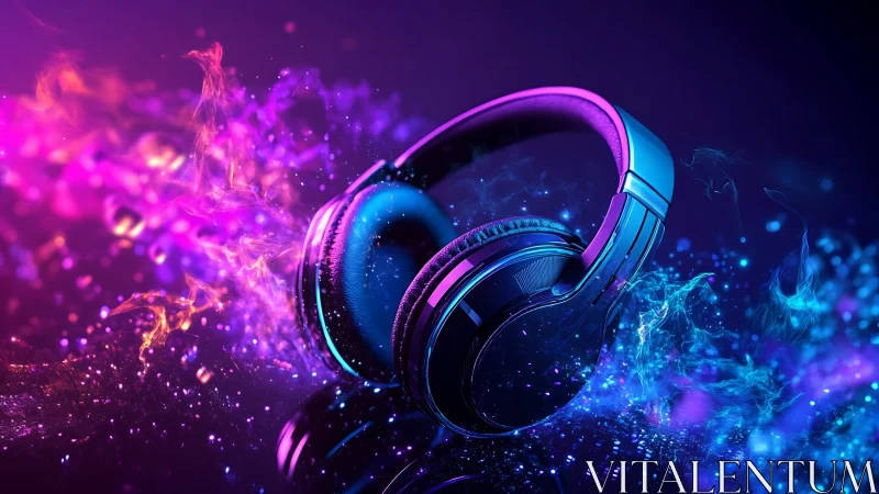 Neon headphones pulse with glowing color in a cosmic soundscape