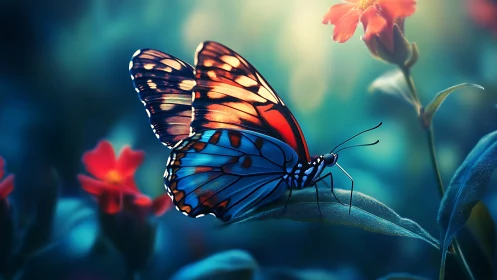 Vibrant blue butterfly rests on leaf under soft garden light