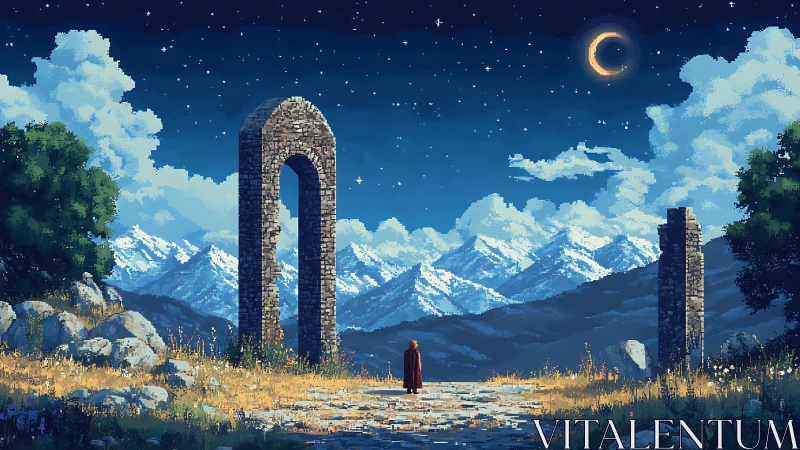 Stargazer at the Stone Gate beneath a Crescent Sky.