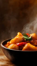 Steaming glazed chicken and peppers sit in a rustic dark bowl