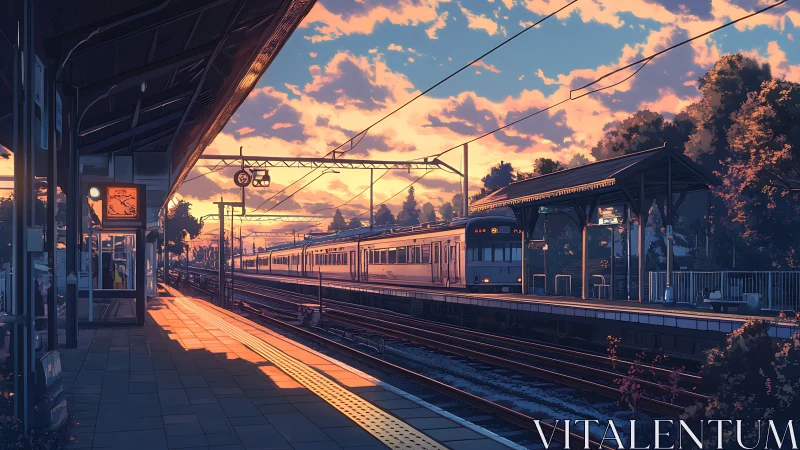 Golden hour train platform glowing with soft evening light.