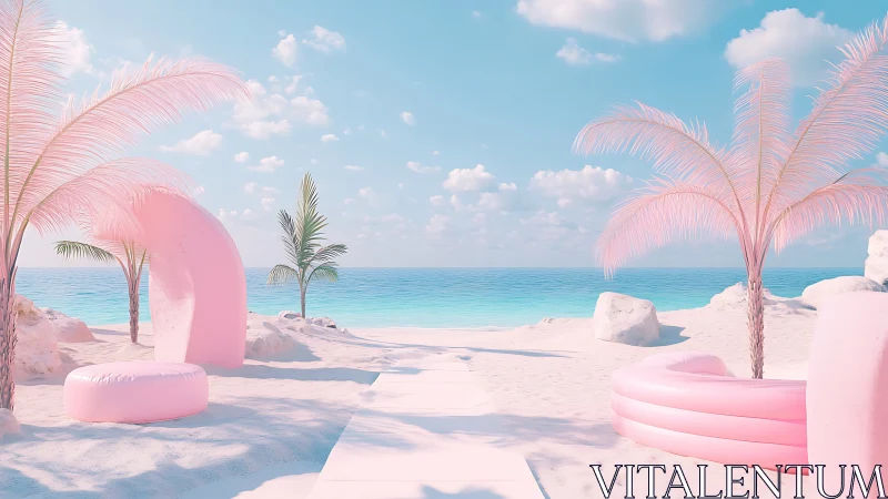 Candy-colored tropical beach scene glows under soft skies