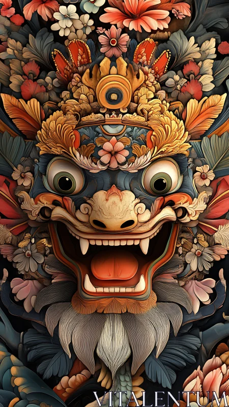 Floral-encrusted draconic mask with hyper-detailed symmetry.