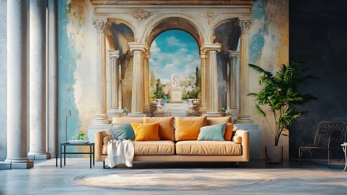 Contemporary lounge integrates trompe-l’oeil mural of classical archway