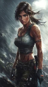 Female adventurer in wet tactical gear under heavy rain.