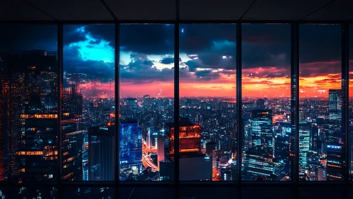 Skylines divided by dusk, neon metropolis through glass.