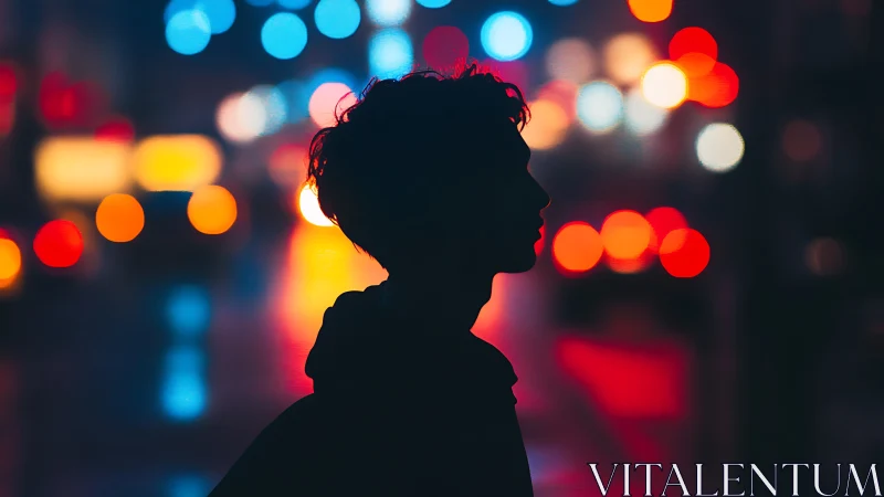 Silhouetted figure cuts sharp profile against neon bokeh glow.