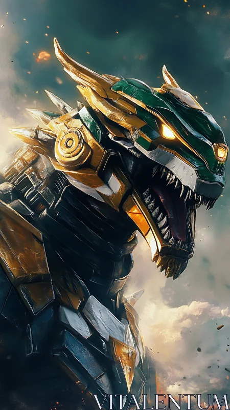 Armored mech dragon roars defiantly above stormy clouds