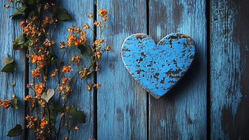 Blue Wooden Heart With Dried Orange Flowers.