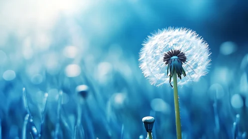 Macro study of luminous dandelion seed head in cool bokeh field.
