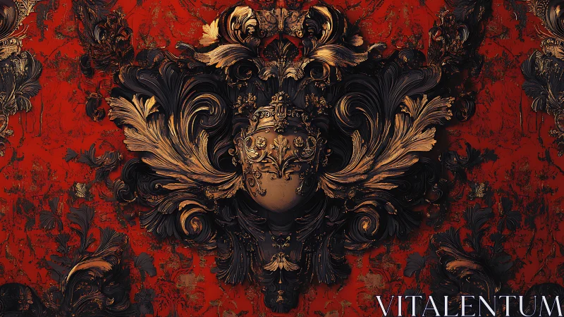 Baroque crest emerges from ornate black and gold foliage.