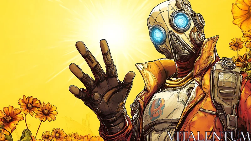 Robot in yellow jacket raises robotic hand against bright sun