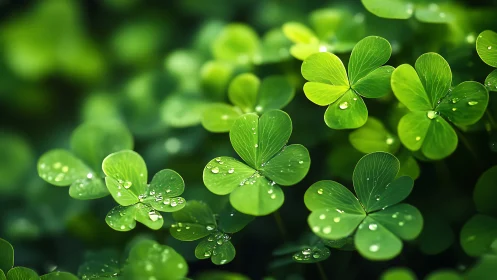 Fresh clover leaves with morning dew in soft green light