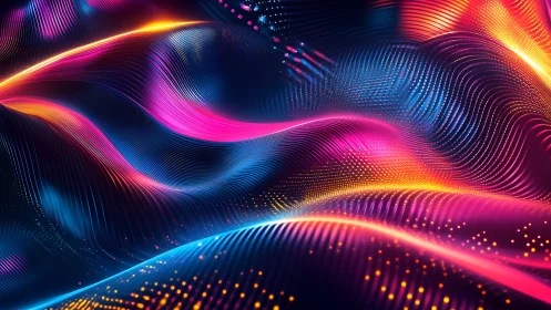 Neon data waves flow across a glowing abstract landscape.