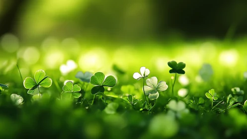 Sunlit clover leaves glow across soft green meadow bokeh