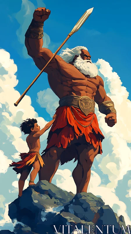 Mythic warrior and child atop stormlit mountain peak.