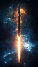 Rocket launches through deep space with bright fiery plume.