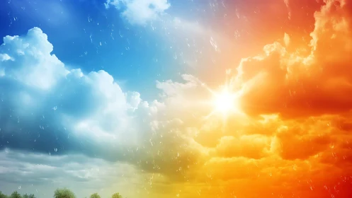 Glowing sun gently bridges cool blue rain and warm fire sky