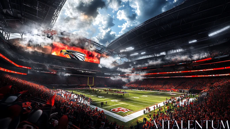 Roaring eagle scoreboard ignites a storm-lit football coliseum.