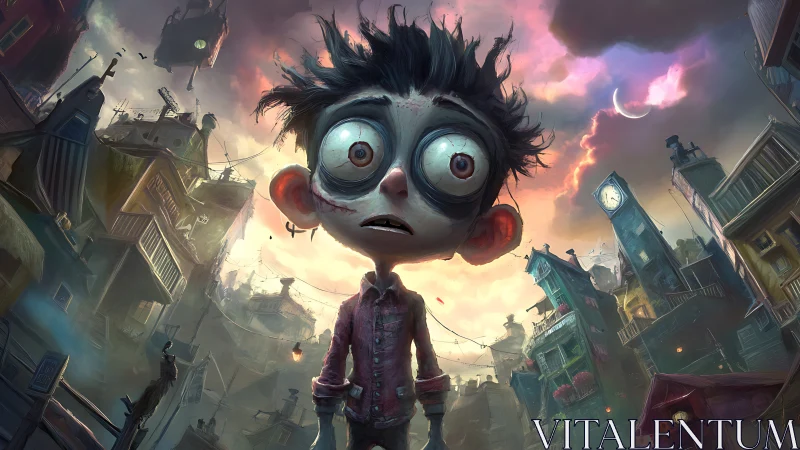 Digital painting of wide-eyed boy in skewed twilight cityscape.