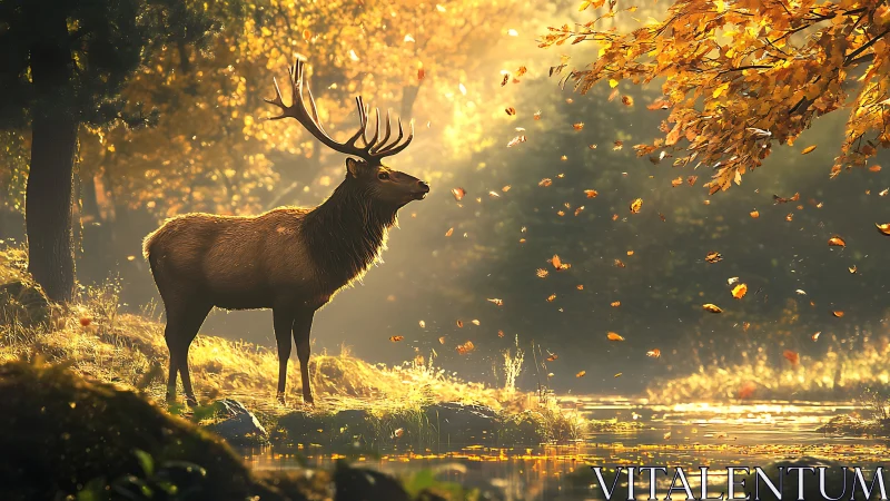 Majestic stag in autumn forest bathed in golden sunlight, photorealistic style.