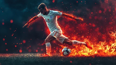 Fiery soccer player in white kit striking ball on field.
