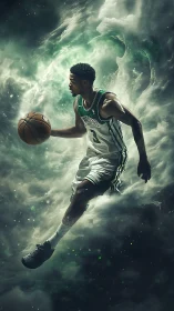Dynamic basketball guard suspended in cosmic green vortex.