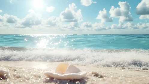 Sunlit seashell rests on bright shore beside gentle surf