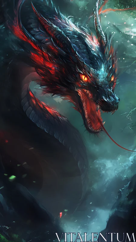 Fiery-eyed serpent dragon coils through stormy misty chasm.