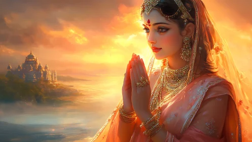 Woman in traditional attire near riverside temple at dusk.