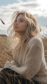 Woman gazes through sunlit field in soft autumn light.
