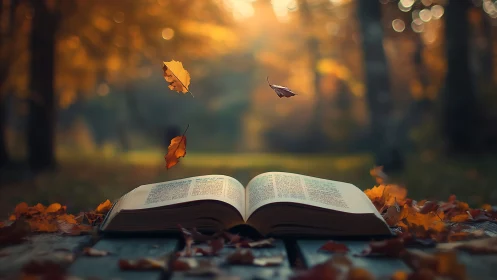 Autumn pages breathe stories as drifting leaves turn quiet
