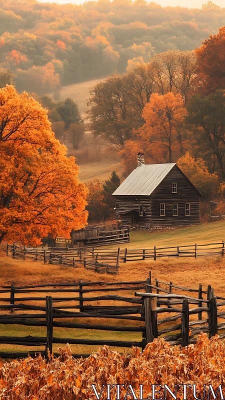 Cozy cabin nestled in rolling hills of glowing autumn gold.