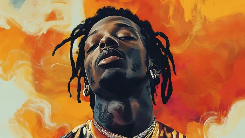 Portrait of confident man amid vivid orange smoke backdrop.