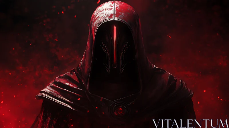 Shrouded red warlock with glowing visor amid embers.