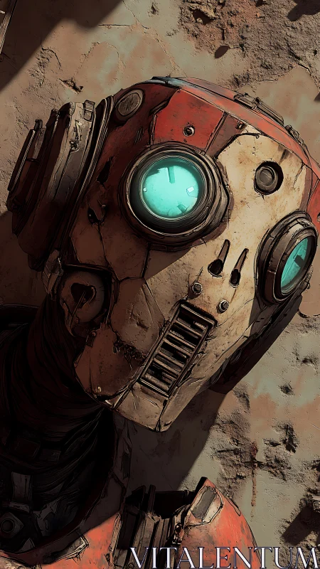 Aged service robot head with worn plating and cyan optic lens