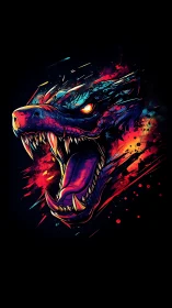 Neon dragon head roar in explosive abstract strokes.