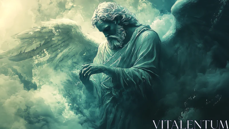 Stoic angelic figure emerges from teal storm clouds in chiaroscuro