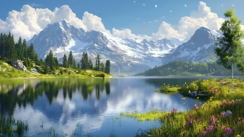 Digital painting alpine lake panorama with floral foreground.