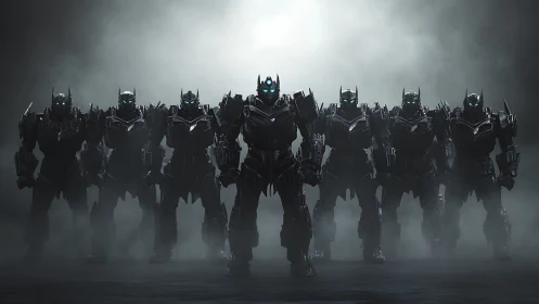 Row of armored humanoid robots in dense atmospheric fog.