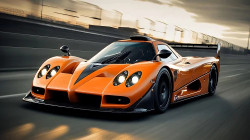 Orange thunderbolt slices dusk air along the racing straight