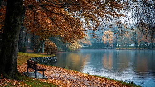 Park bench beside calm lake in overcast autumn weather.